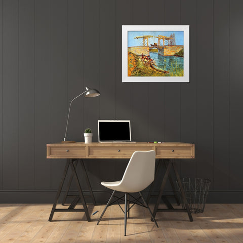 Langlois Bridge Women Washing White Modern Wood Framed Art Print by Van Gogh, Vincent