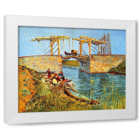 Langlois Bridge Women Washing White Modern Wood Framed Art Print by Van Gogh, Vincent