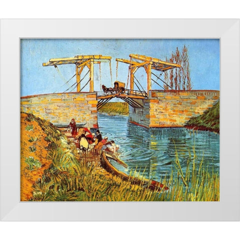 Langlois Bridge Women Washing White Modern Wood Framed Art Print by Van Gogh, Vincent