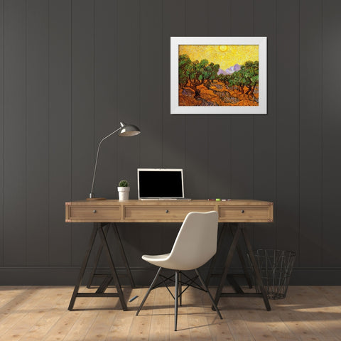Olive Trees With Yellow Sky And Sun White Modern Wood Framed Art Print by Van Gogh, Vincent