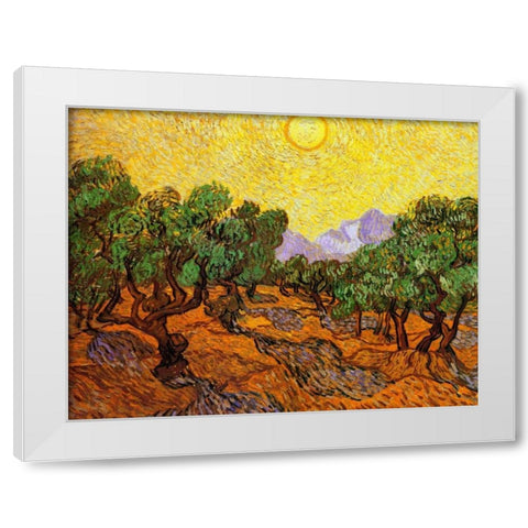 Olive Trees With Yellow Sky And Sun White Modern Wood Framed Art Print by Van Gogh, Vincent