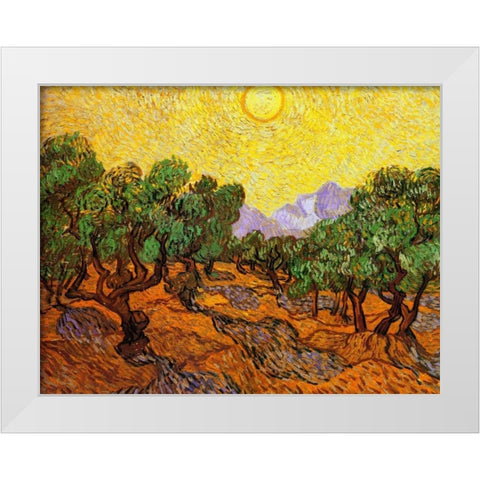 Olive Trees With Yellow Sky And Sun White Modern Wood Framed Art Print by Van Gogh, Vincent