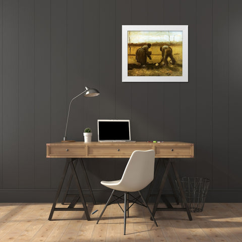 Peasants Planting Potatoes White Modern Wood Framed Art Print by Van Gogh, Vincent