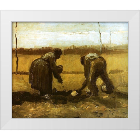 Peasants Planting Potatoes White Modern Wood Framed Art Print by Van Gogh, Vincent