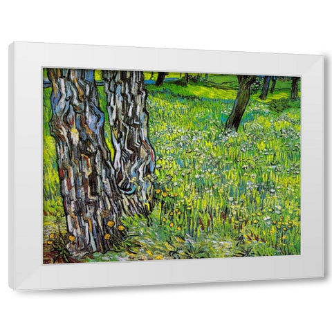 Pine Trees And Dandelions In The Garden Of Saint Paul Hospital 1890 White Modern Wood Framed Art Print by Van Gogh, Vincent