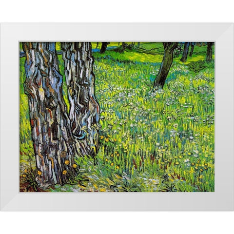 Pine Trees And Dandelions In The Garden Of Saint Paul Hospital 1890 White Modern Wood Framed Art Print by Van Gogh, Vincent