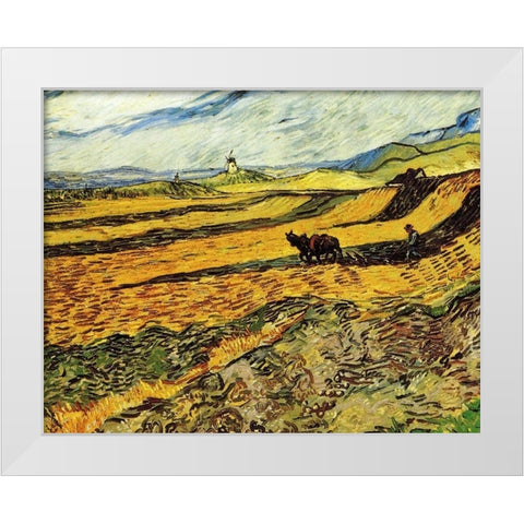 Ploughman And Mill White Modern Wood Framed Art Print by Van Gogh, Vincent