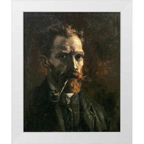 Self Portrait With Pipe White Modern Wood Framed Art Print by Van Gogh, Vincent