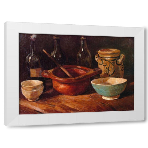 Still Life Earthenware And Bottles White Modern Wood Framed Art Print by Van Gogh, Vincent