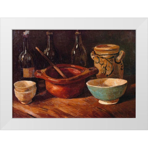 Still Life Earthenware And Bottles White Modern Wood Framed Art Print by Van Gogh, Vincent