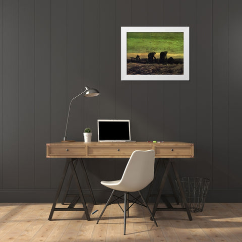Two Peasant Women In Peat Field White Modern Wood Framed Art Print by Van Gogh, Vincent