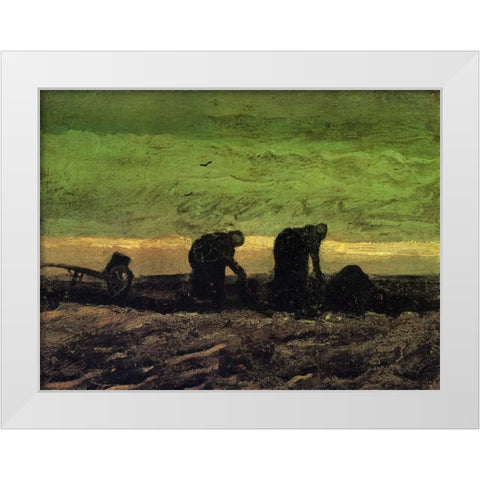 Two Peasant Women In Peat Field White Modern Wood Framed Art Print by Van Gogh, Vincent