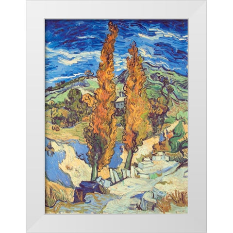 Two Poplars On Road White Modern Wood Framed Art Print by Van Gogh, Vincent