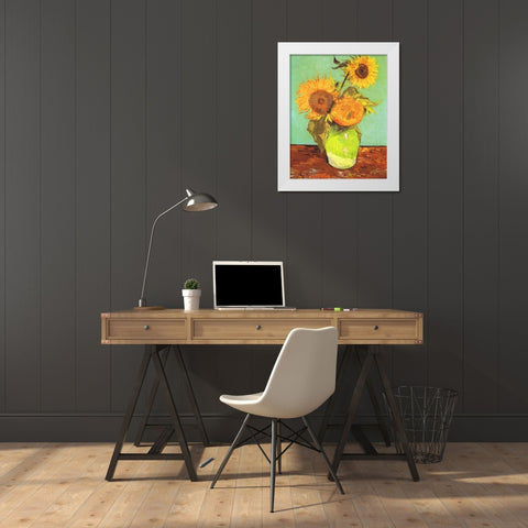 Vase With Three Sunflowers White Modern Wood Framed Art Print by Van Gogh, Vincent