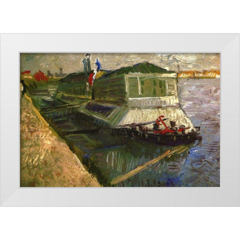 Bathing Float On Seine White Modern Wood Framed Art Print by Van Gogh, Vincent