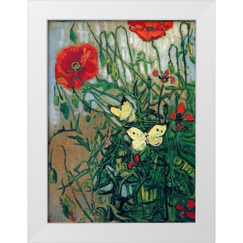 Butterflies And Poppies White Modern Wood Framed Art Print by Van Gogh, Vincent