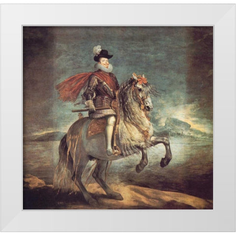 Philip III On Horseback White Modern Wood Framed Art Print by Velazquez, Diego
