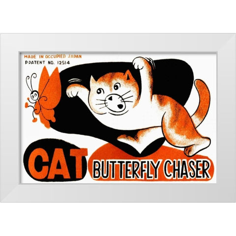 Cat Butterfly Chaser White Modern Wood Framed Art Print by Unknown