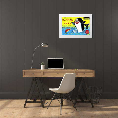 Mammal of the Seas: Whale Chasing Fish White Modern Wood Framed Art Print by Retrobot