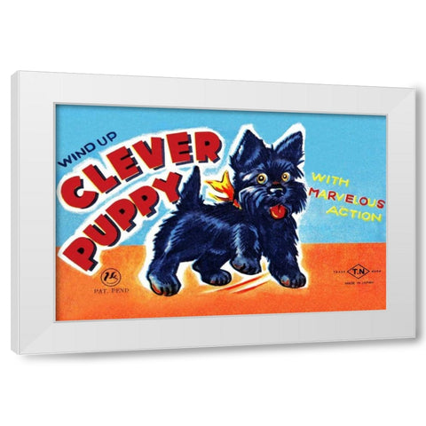 Wind Up Clever Puppy White Modern Wood Framed Art Print by Retrobot