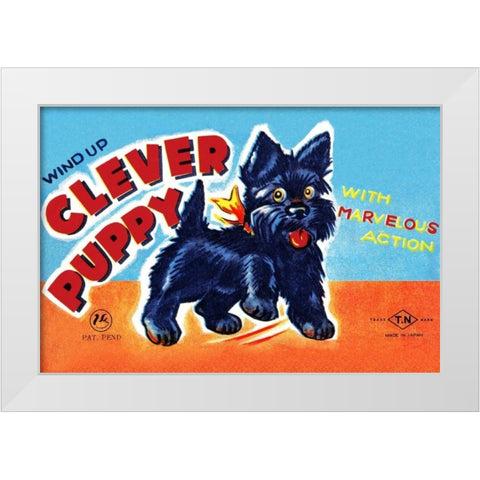 Wind Up Clever Puppy White Modern Wood Framed Art Print by Retrobot