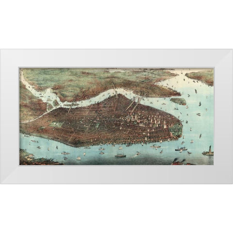 Birds-eye view of Manhattan, New York White Modern Wood Framed Art Print by Unknown