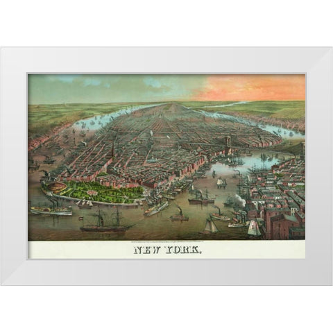 Birds-eye view of Manhattan, New York White Modern Wood Framed Art Print by Unknown