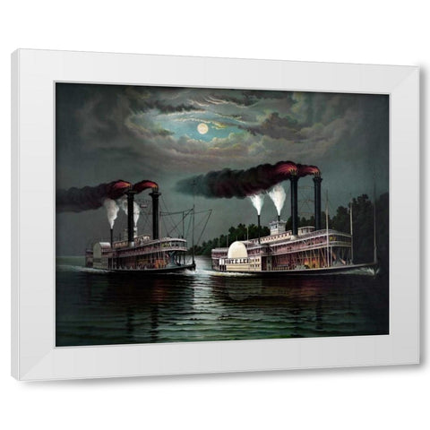 Race of the steamers Robert. E. Lee and Natchez on the Mississippi White Modern Wood Framed Art Print by Donaldosn