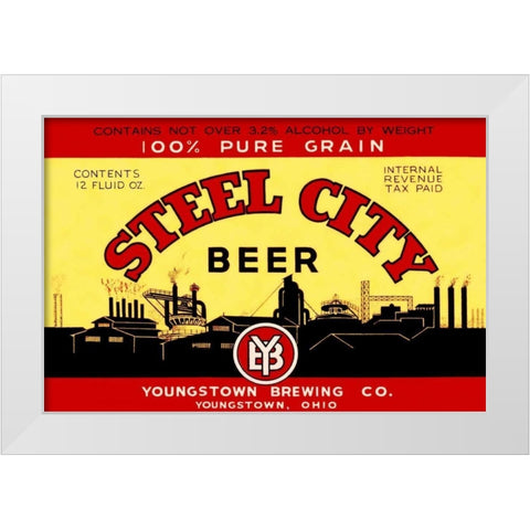 Steel City Beer White Modern Wood Framed Art Print by Vintage Booze Labels