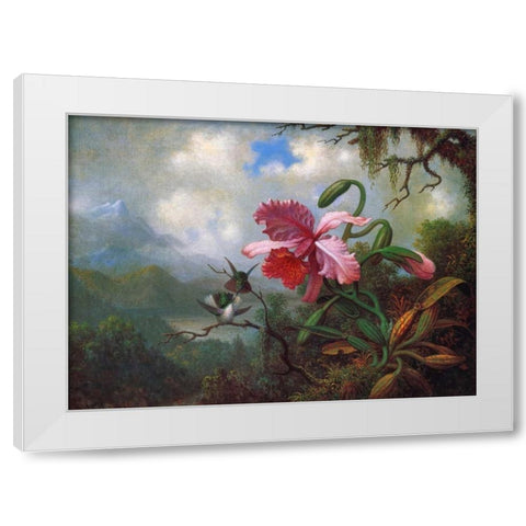 Orchid And Hummingbirds Near A Mountain Lake White Modern Wood Framed Art Print by Heade, Martin Johnson