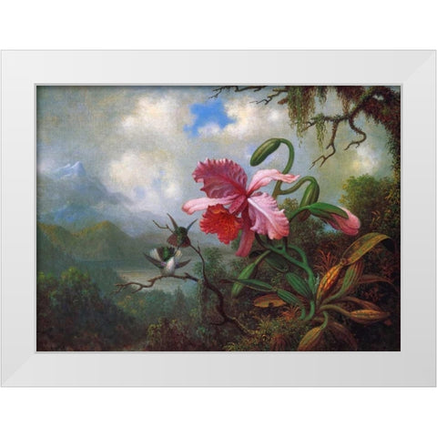 Orchid And Hummingbirds Near A Mountain Lake White Modern Wood Framed Art Print by Heade, Martin Johnson