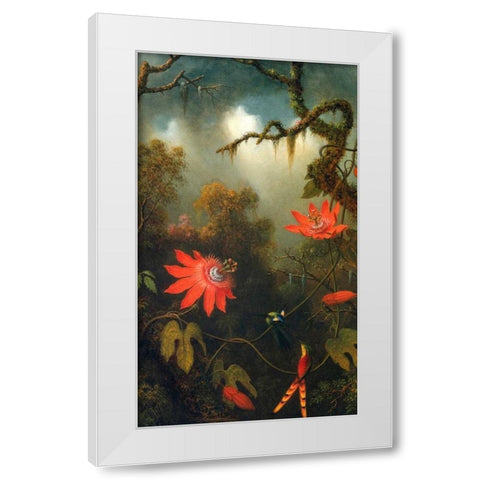 Two Hummingbirds Perched On Passion Flower Vines White Modern Wood Framed Art Print by Heade, Martin Johnson