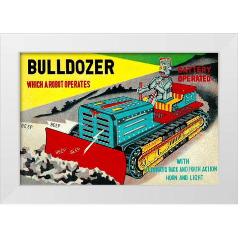 Bulldozer Which a Robot Operates White Modern Wood Framed Art Print by Retrotrans