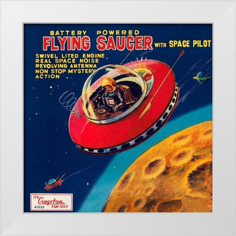 Battery Operated Flying Saucer White Modern Wood Framed Art Print by Retrorocket