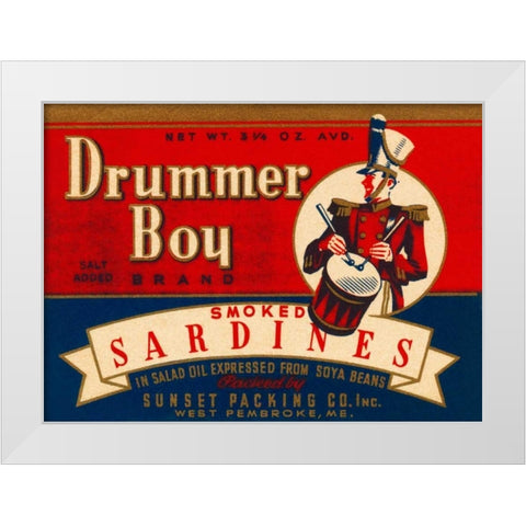 Drummer Boy Smoked Sardines White Modern Wood Framed Art Print by Retrolabel