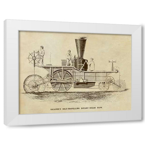 Saladees Self-Propelling Rotary Steam Plow White Modern Wood Framed Art Print by Inventions
