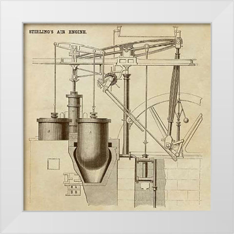 Stirlings Air Engine White Modern Wood Framed Art Print by Inventions
