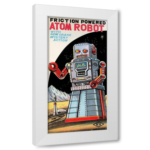 Friction Powered Atom Robot White Modern Wood Framed Art Print by Retrobot
