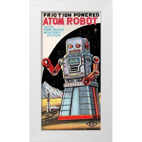 Friction Powered Atom Robot White Modern Wood Framed Art Print by Retrobot