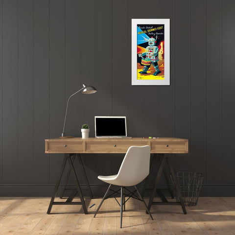 Musical Drummer Robot White Modern Wood Framed Art Print by Retrobot