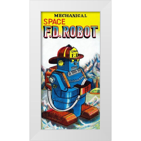 Mechanical Space Fire Department Robot White Modern Wood Framed Art Print by Retrobot