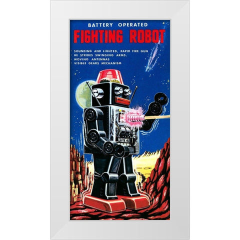 Fighting Robot White Modern Wood Framed Art Print by Retrobot