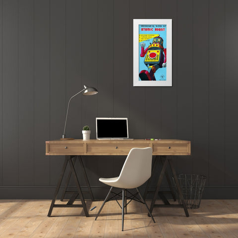 Mechanical Wind-Up Atomic Robot White Modern Wood Framed Art Print by Retrobot