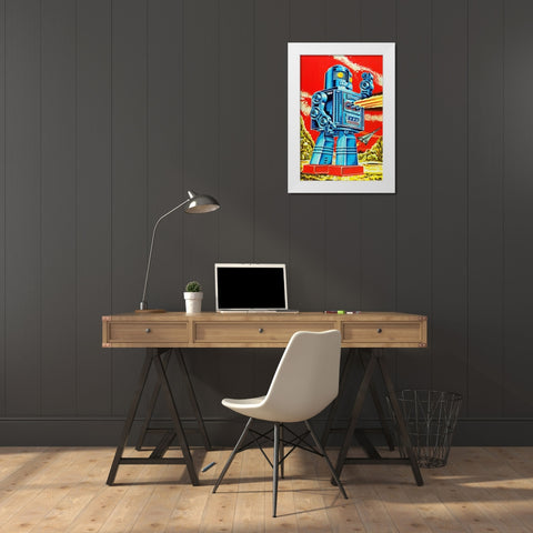 Robo - Movido a Pilhas White Modern Wood Framed Art Print by Retrobot