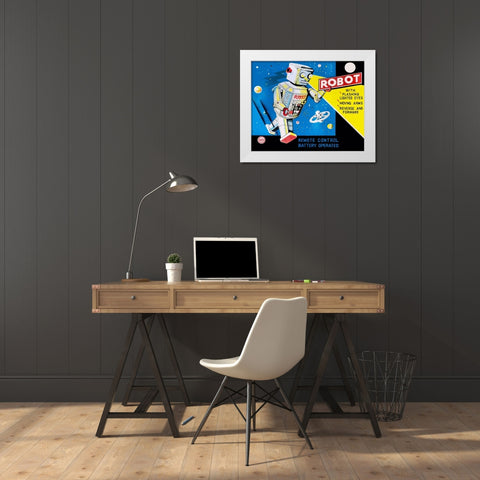 Robot with Flashing Lighted Eyes White Modern Wood Framed Art Print by Retrobot