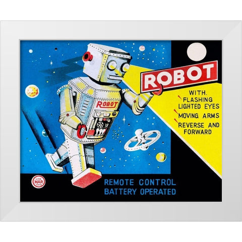 Robot with Flashing Lighted Eyes White Modern Wood Framed Art Print by Retrobot