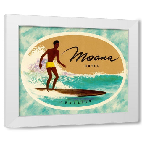 Moana Hotel Luggage Label White Modern Wood Framed Art Print by Retrotravel
