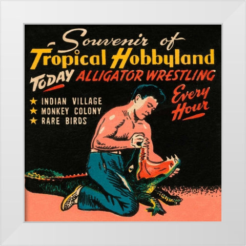 Tropical Hobbyland - Alligator Wrestling White Modern Wood Framed Art Print by Retrotravel