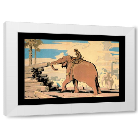 Moving Logs with Elephant Power White Modern Wood Framed Art Print by Vintage Elephant