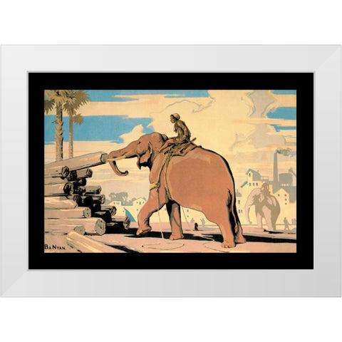 Moving Logs with Elephant Power White Modern Wood Framed Art Print by Vintage Elephant
